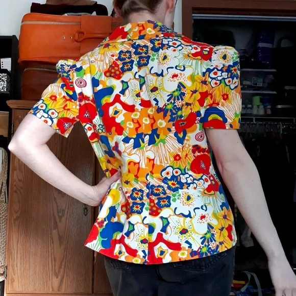 70s Handmade Floral Blazer Jacket / Top Groovy Pop Art Psychedelic Colorful - Picture 6 of 16